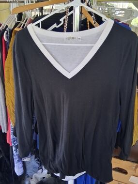 pop Black Long Sleeve V-Neck Top with White Trim